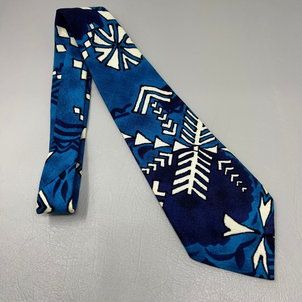 Vintage Kanaka Mens Hawaiian Tie Teal Dark Blue White Made in Hawaii 100% Cotton